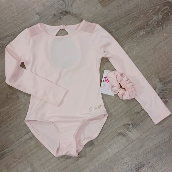 Nwt new Justice pink logo ballet gymnastics leotard with scrunchie 5-6 - Picture 3 of 16